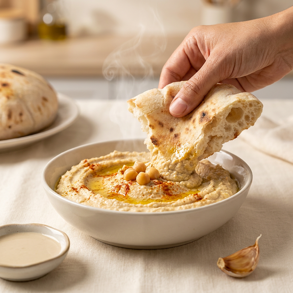 Baladi bread scooping hummus from a bowl