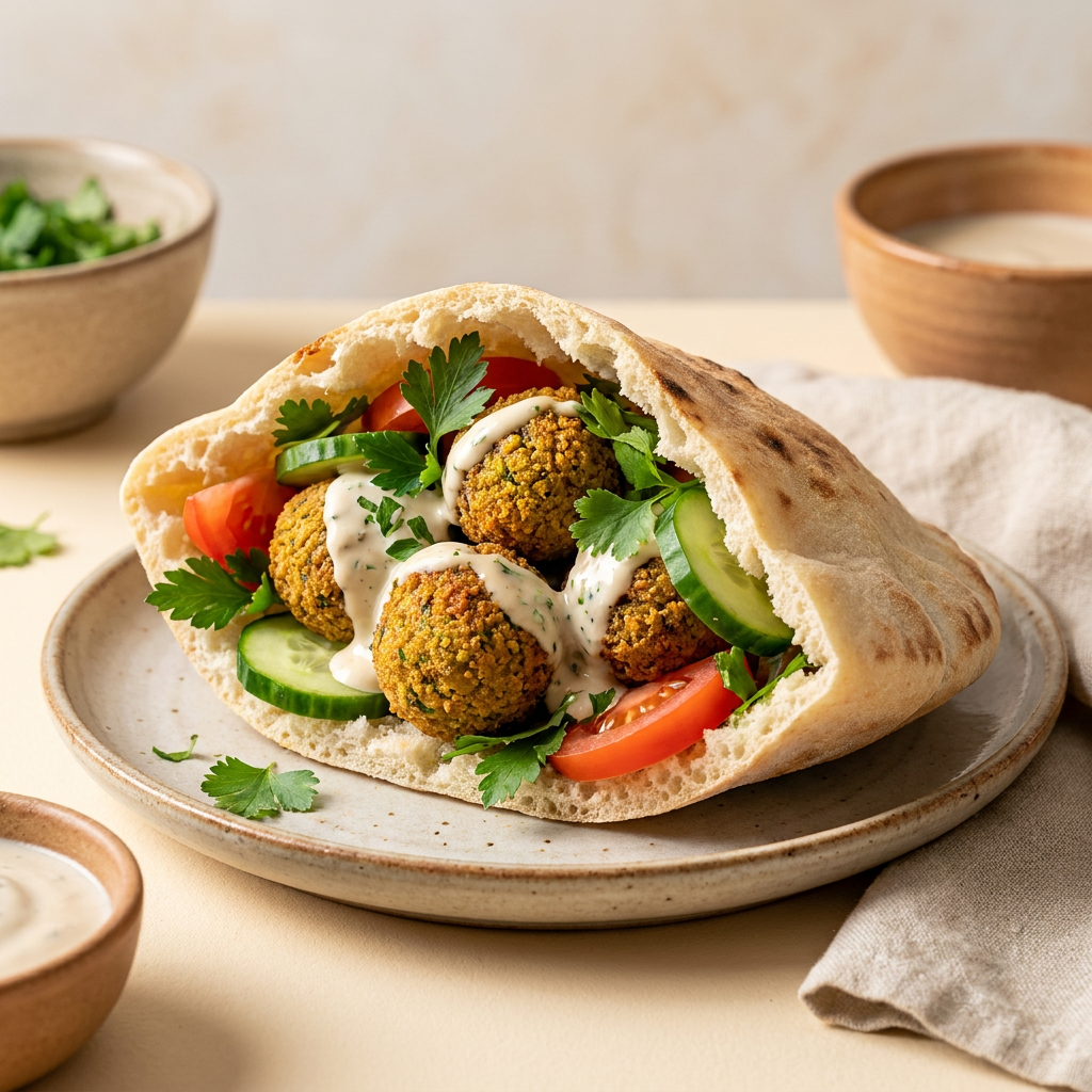 Baladi bread stuffed with falafel and fresh vegetables